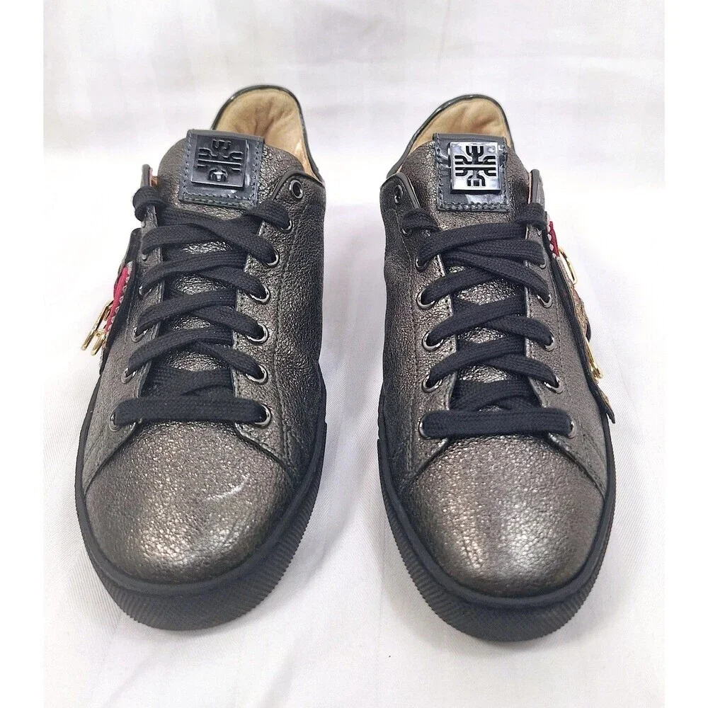 Hogl‎ Womens Metallic Pewter Leather Heart Safety Pin Sneakers Size 5.5